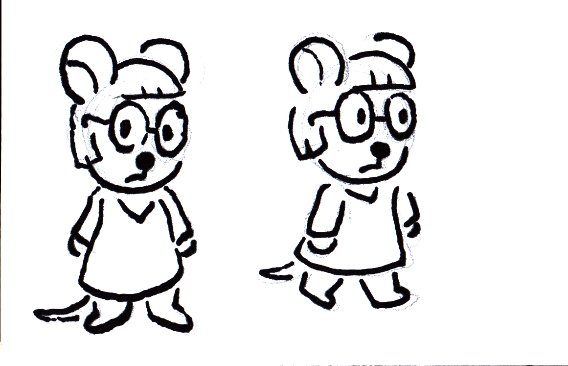 Scanned artwork of miep the mouse walking and standing still.